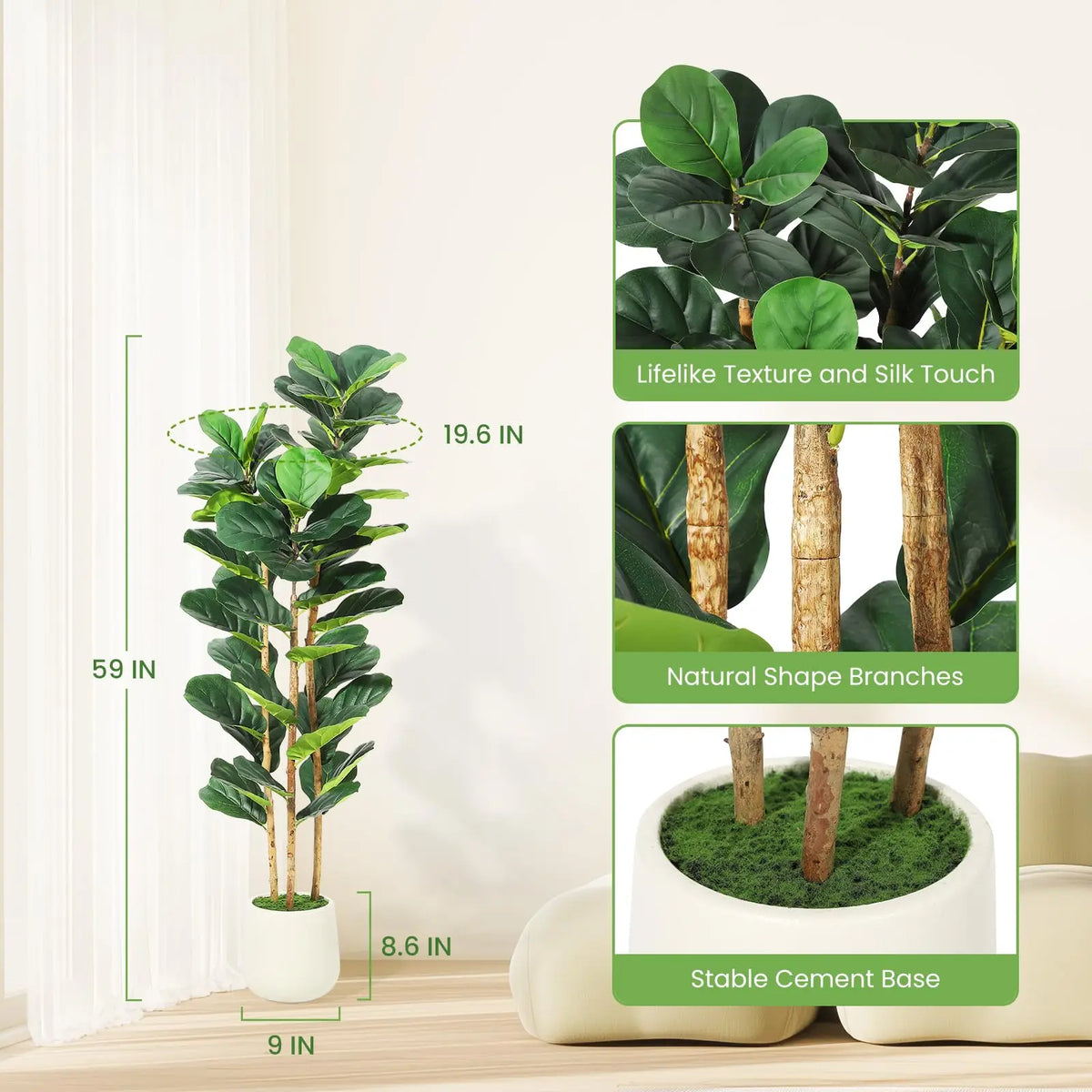Artificial Fiddle Leaf Fig Tree White Planter Natural Wood Trunk Potted Moss