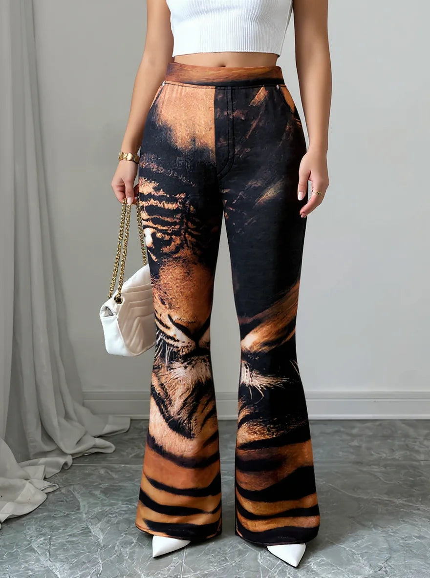 Women High Waist Tiger Print Flare Pants Vintage Stretch Bell Bottom Trousers