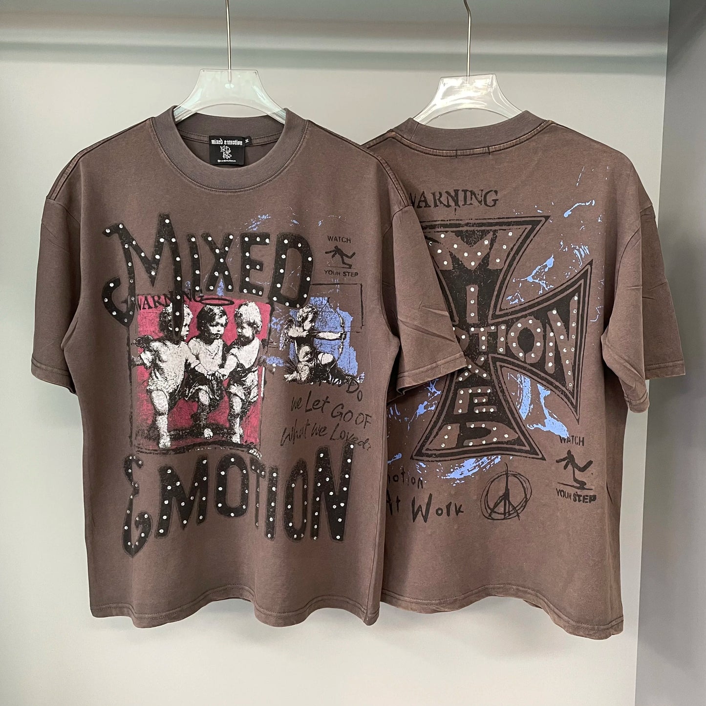 Mixed Emotion Rhinestone Cartoon Print Cotton T Shirt Men Women