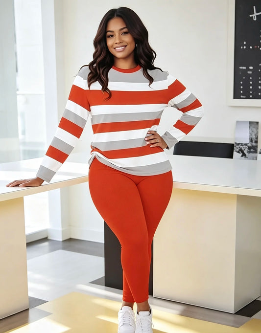 Plus Size Women's Color-Block Striped Lounge Set Long Sleeve