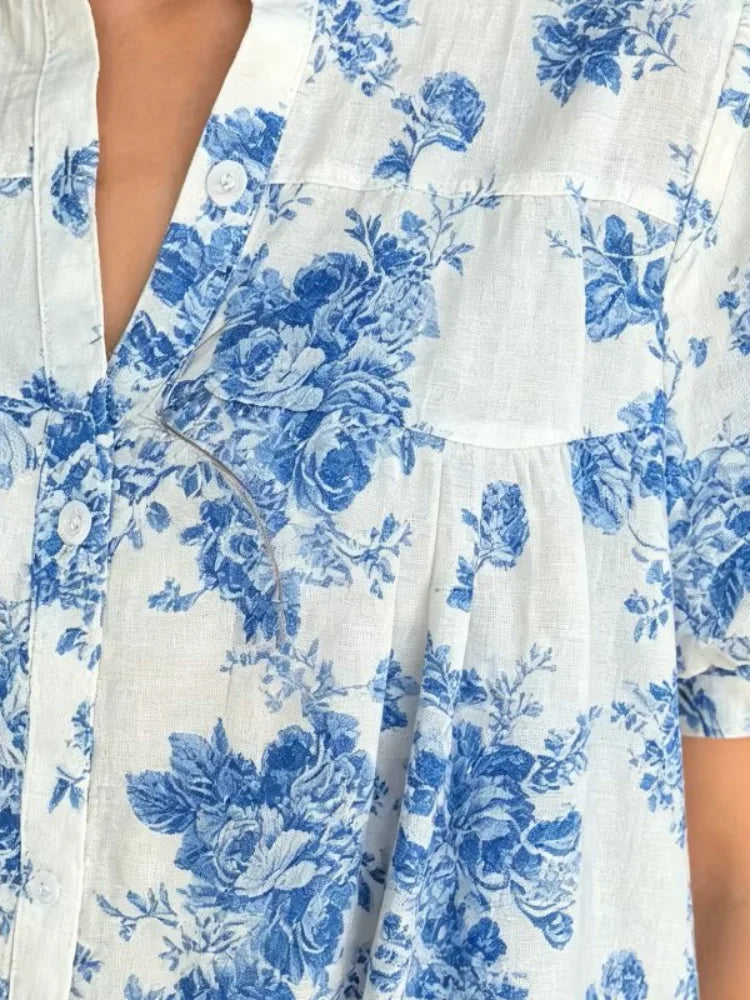 Retro Blue Rose Floral Loose Women's Half Button V Neck Top