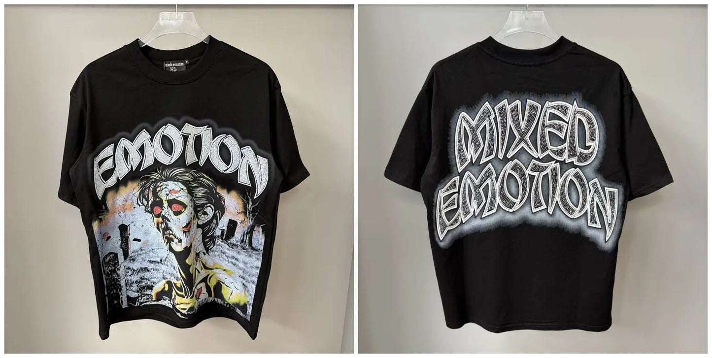 Mixed Emotion Rhinestone Cartoon Print Cotton T Shirt Men Women